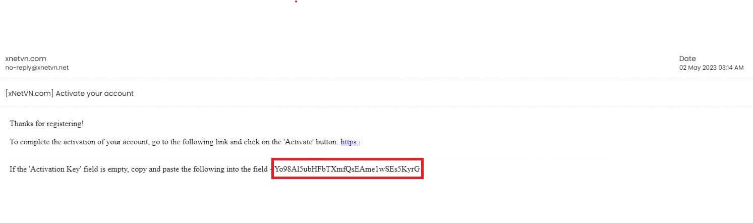 Link và mã kích hoạt tài khoản tại xnetvn.com. Khung màu đỏ là mã kích hoạt tài khoản của ban.